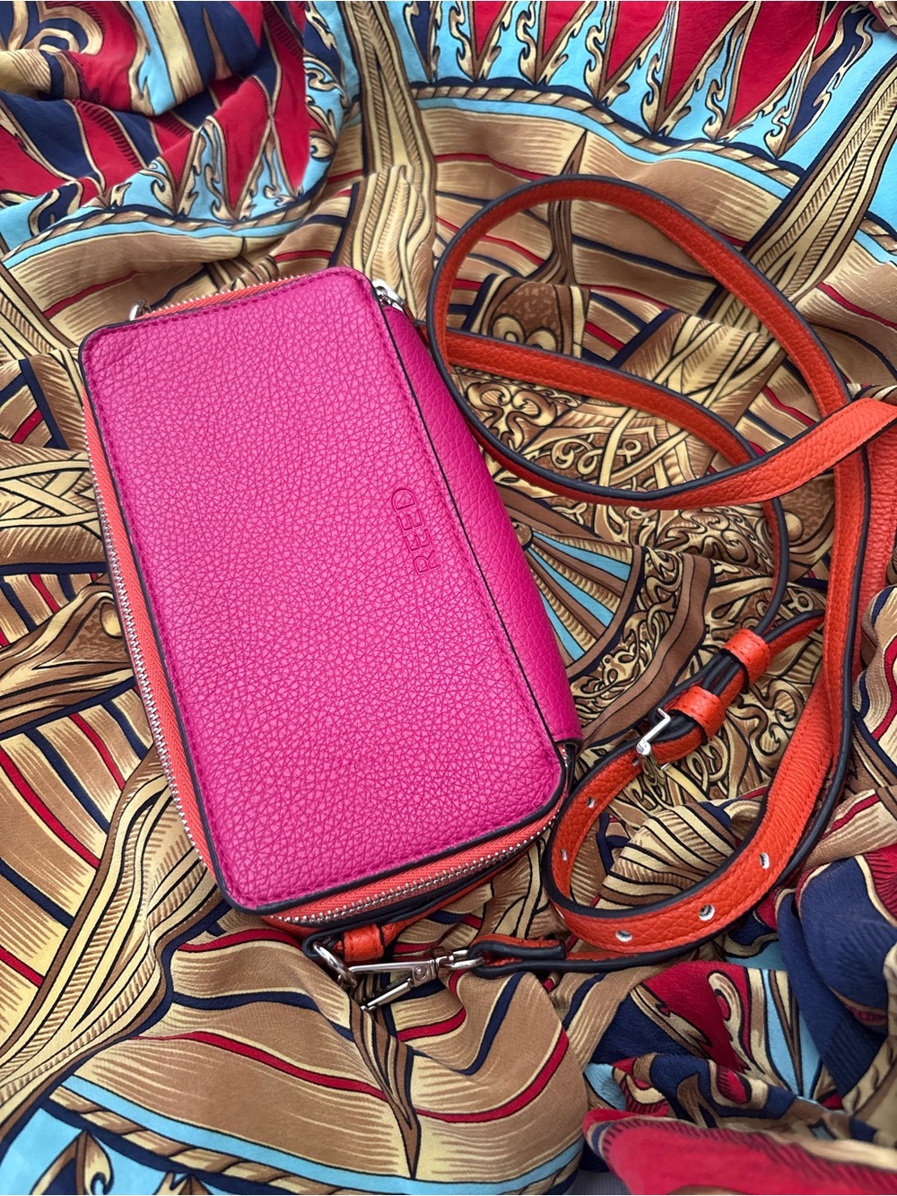 Reed Pink Pebbled Leather Crossbody with Orange Strap
